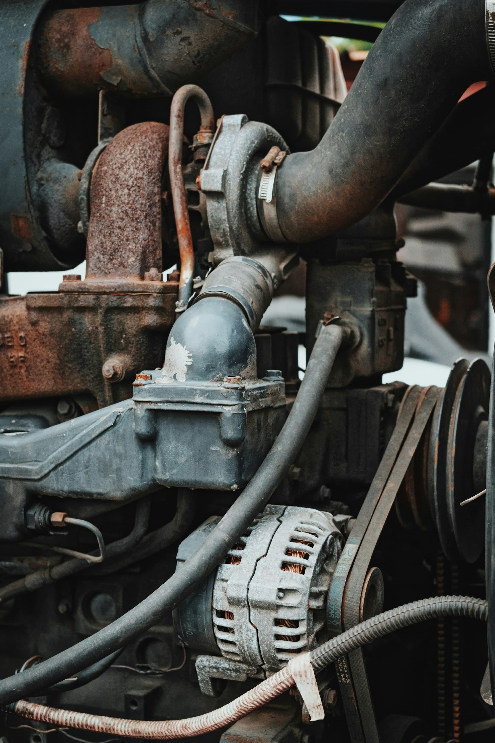 A truck engine opened up, with the alternator, belts, and hoses visible. Not a photograph of the SPR workshop.
